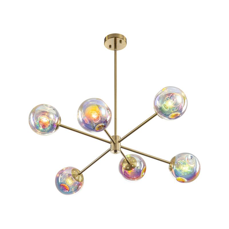 6-Light Modern Brass Iridescent Rainbow Glass Sputnik Chandelier for Dining Room - 6 Light