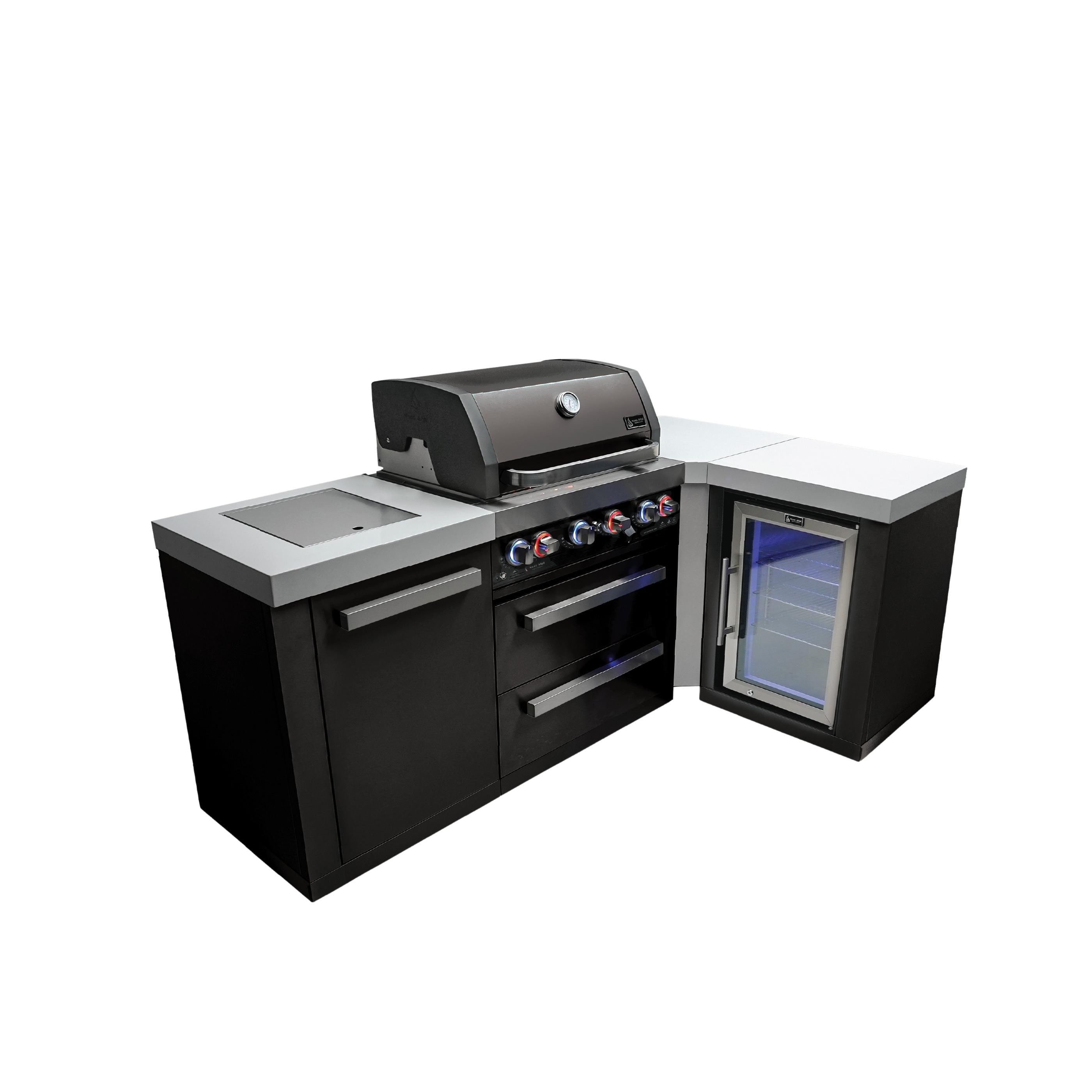 Mont Alpi Premium 82"W x 50"D Black Stainless Steel L-shaped Outdoor Kitchen Island with Refrigerator + 32"W 4-Burner BBQ Grill