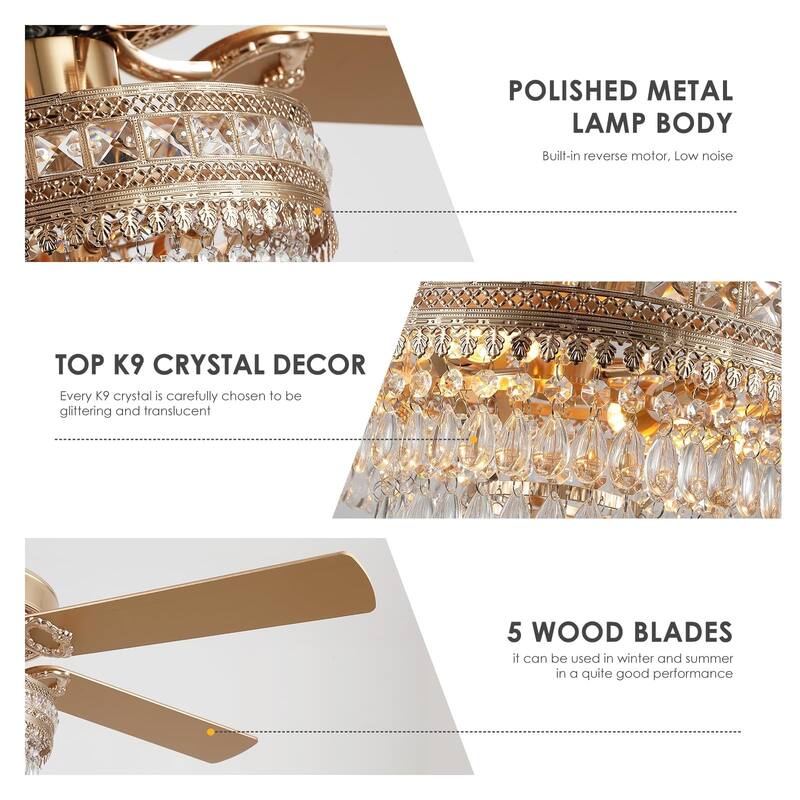 52 Inches AC Motor Crystal Ceiling Fan Fandelier with Lights,For Bedroom,Kitchen,Patio,Remote or Wall Control - 52 Inches