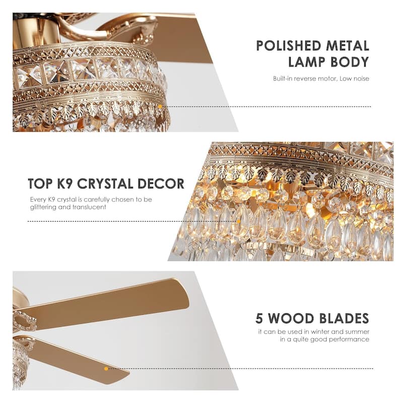 52 or 62 Inches Crystal Ceiling Fan Fandelier with Lights,For Bedroom Kitchen Patio Remote Control