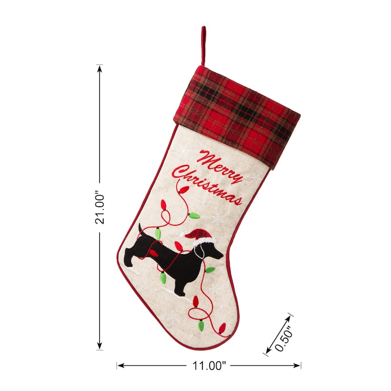 Glitzhome 21"L Dachshund Fabric Plaid Merry Christmas Stocking