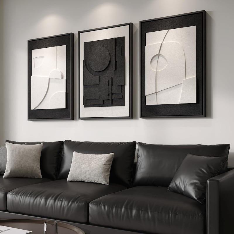 Large 3D Textured Framed Black and White Abstract Wall Art - 24 x 36