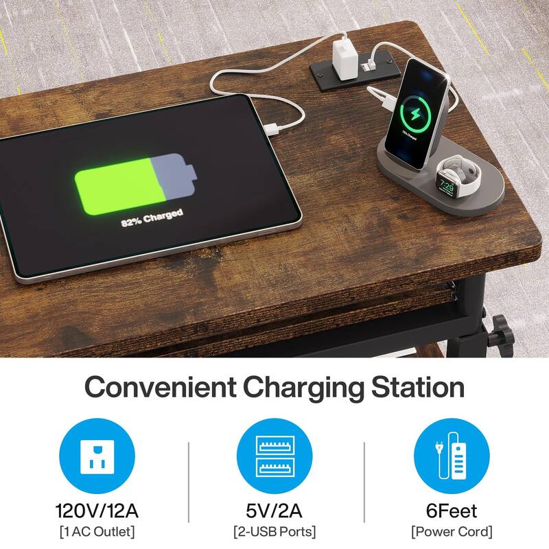 Height Adjustable Small Portable Desk, C Side Table with Outlet and USB Ports