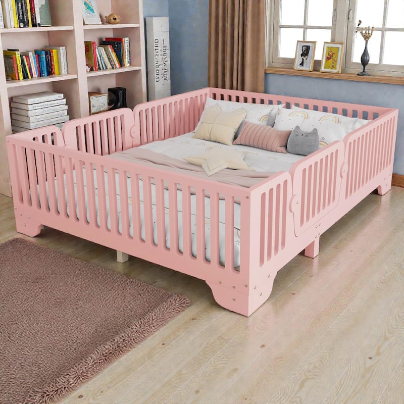 Montessori Floor Bed with Fence and Door, Kids Floor Bed Frame with Slats, No Box Spring Needed - Pink - Full