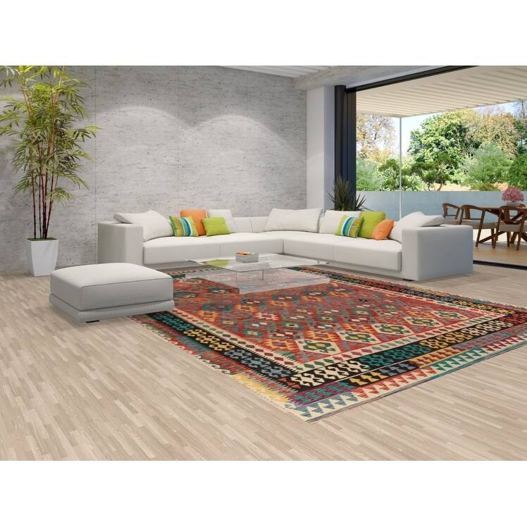 Reversible Kilim Oriental Area Rug Bedroom Hand-Woven Wool Carpet - 9'6"x 13'1"
