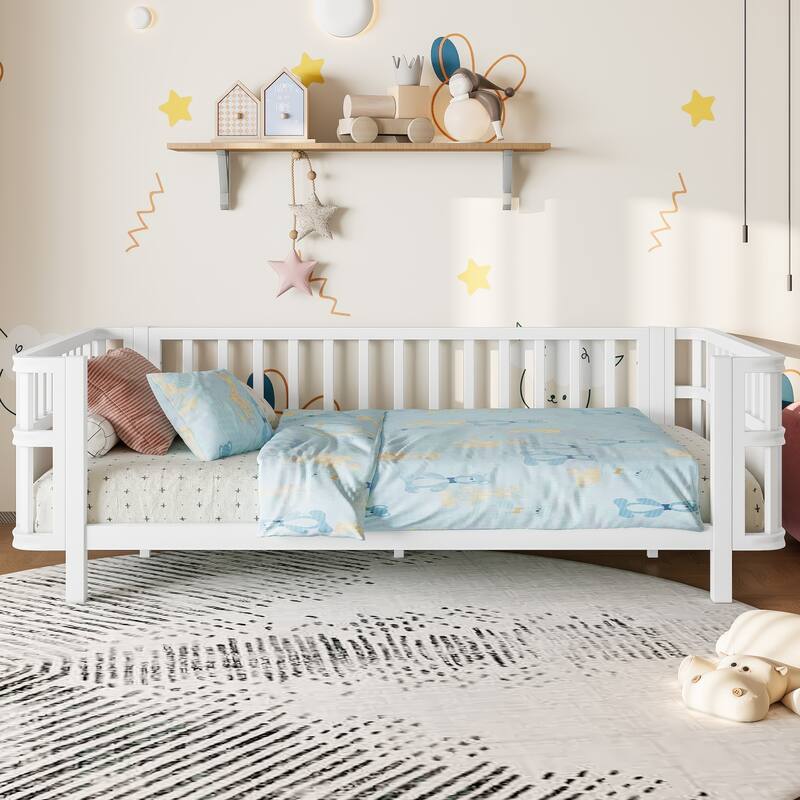 Twin Size Wooden Platform Bed with Railings - Low Profile Children's Bed for Boys & Girls - White - Twin