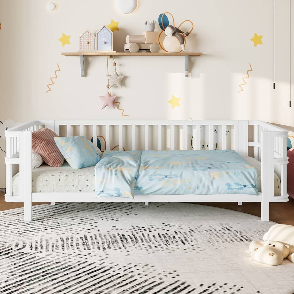 Twin Size Wooden Platform Bed with Railings - Low Profile Children's Bed for Boys & Girls