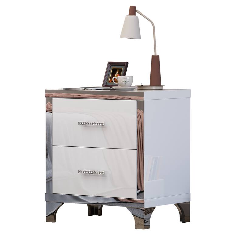 High Gloss Mirrored Nightstand with 2 Drawers,Modern End Table with Drawers,Mirrored High Gloss Wood Nightstand Metal Handle