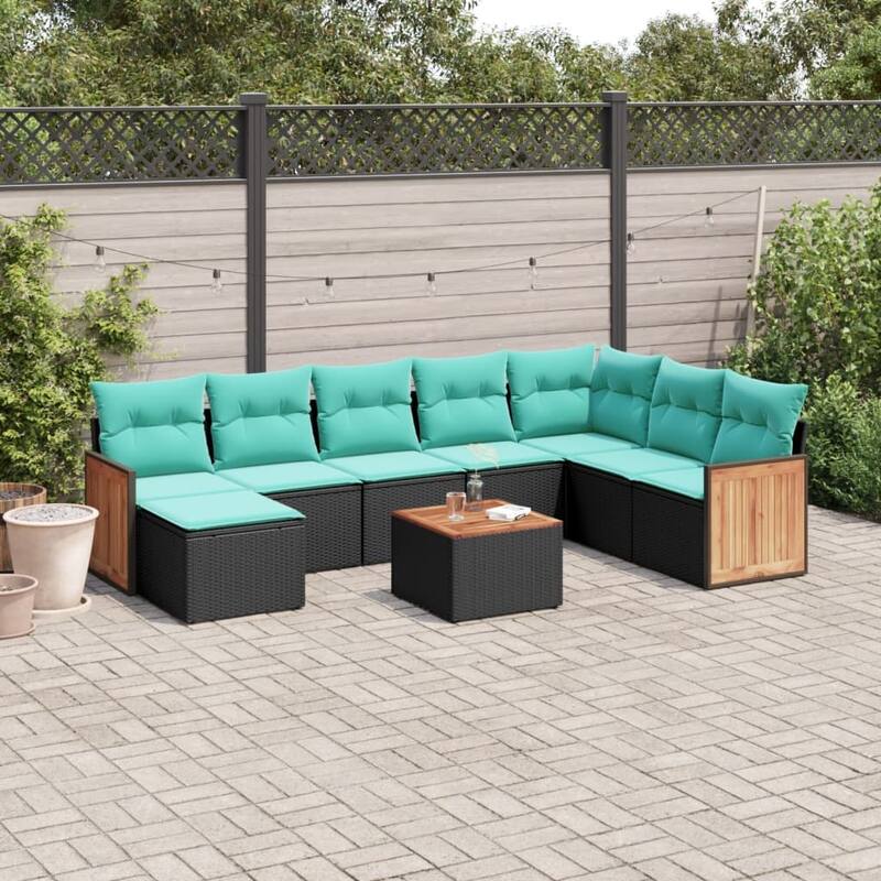vidaXL 8/9 Piece Patio Sofa Set with Cushions Black/Gray Poly Rattan - 24.4 x 24.4 x 27.2 - Black With table