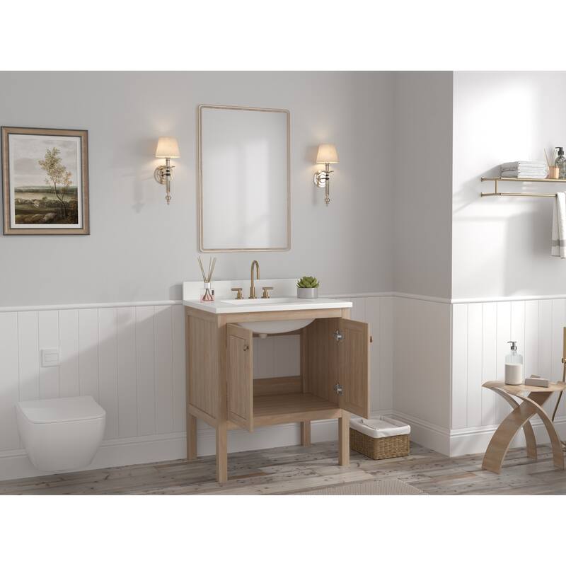 48 Inch Modern Light Oak Single Sink Bathroom Vanity With White Quartz Top
