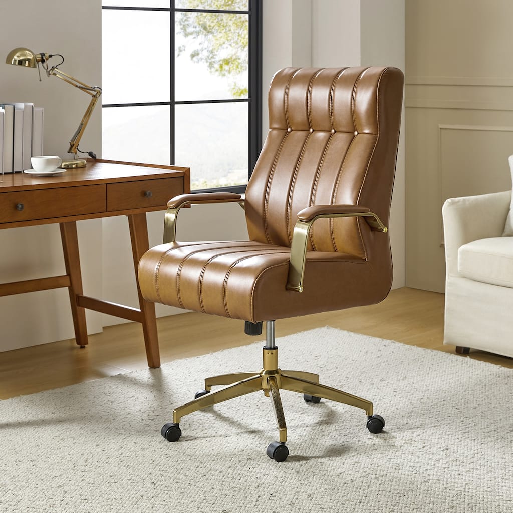 Curtiz Mid-Century Modern Vegan Leather Swivel Tilting Office Chair with Channel Tufted and Metal Feet by HULALA HOME