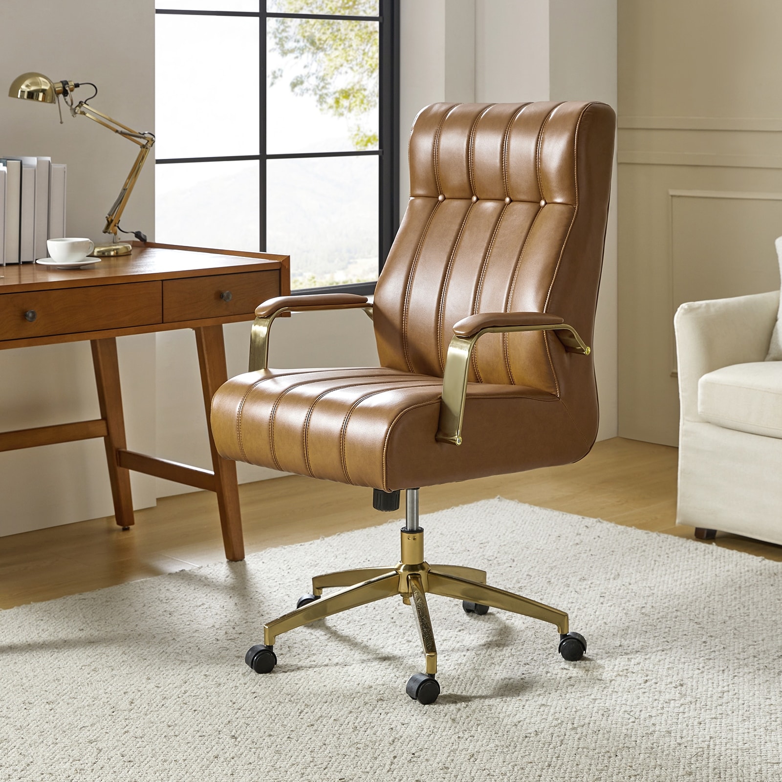 HULALA HOME Curtiz Mid-Century Modern Vegan Leather Swivel Tilting Office Chair with Channel Tufted and Metal Feet