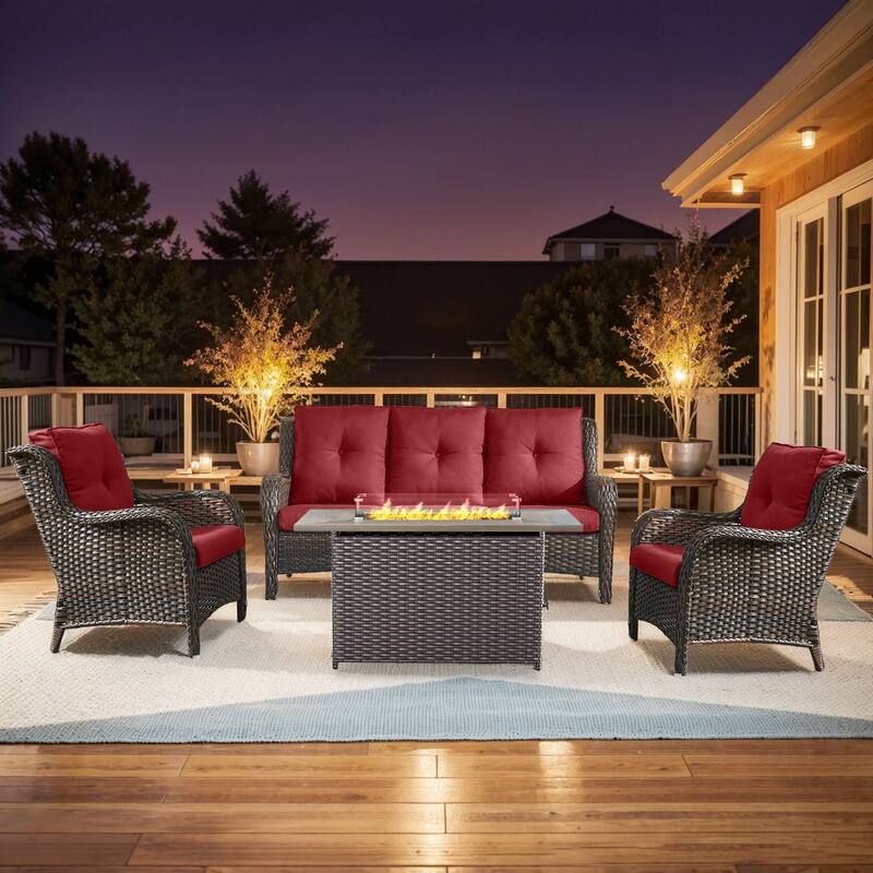 Fire Pit Table with Patio Sofa Club Chairs - Red - Brown