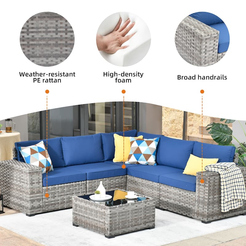 OVIOS Patio Wicker Furniture Wide Arm 6-piece Set with Table