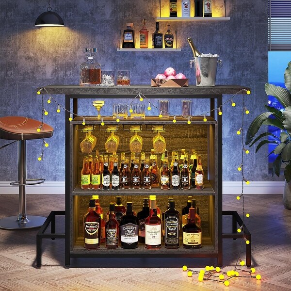 Home Bar Unit, Industrial 3-Tier Liquor Bar Table with Glasses