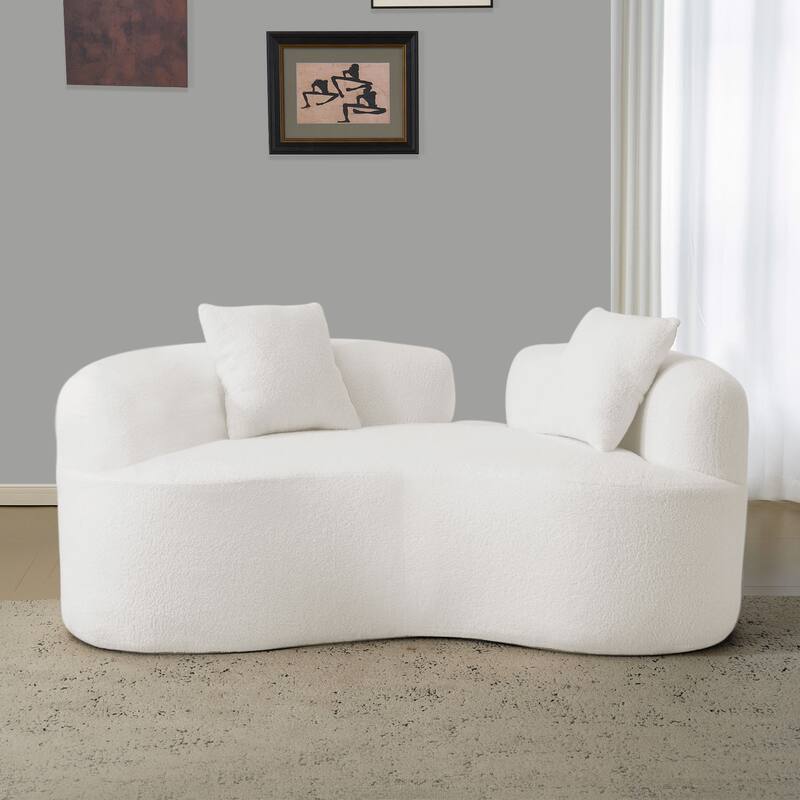 Curved Loveseat Sofa with 2 Pillows, Full Compression Sponge Boneless Floor Couch, Teddy Velvet Upholstered Cloud Couch - White