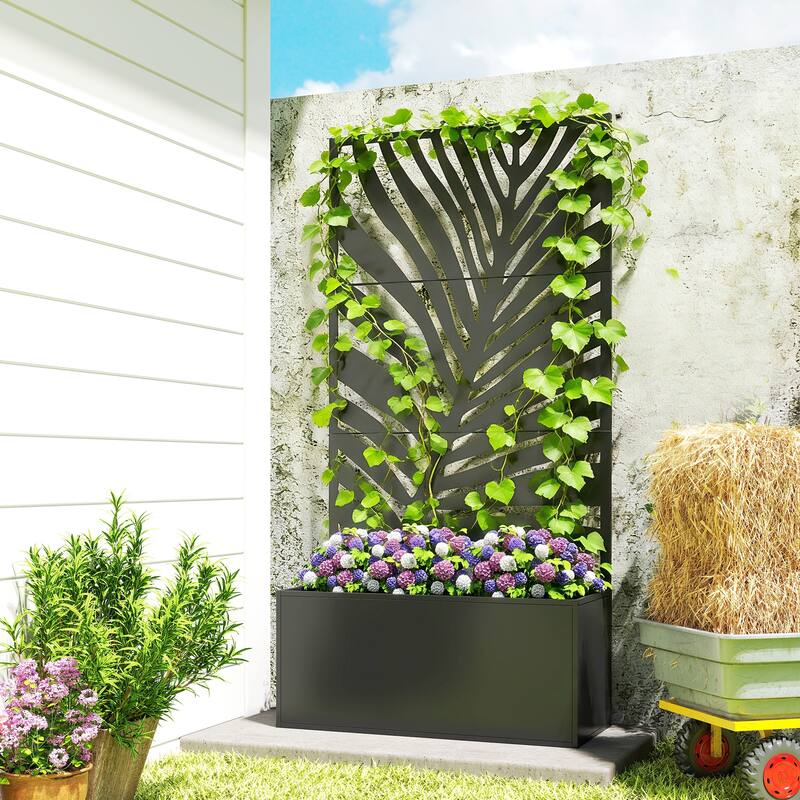 Outsunny Metal Planter Box with Trellis, 71" Tall Raised Garden Bed with Trellis Privacy Screen for Climbing Plants - Black