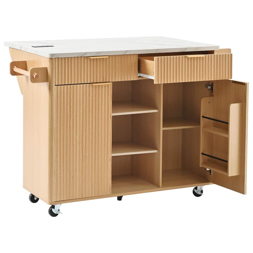 52" Fluted Kitchen Island with Drop Leaf, Power Outlet, Kitchen Storage Cart with Adjustable Shelves, 2 Doors and 2 Drawers