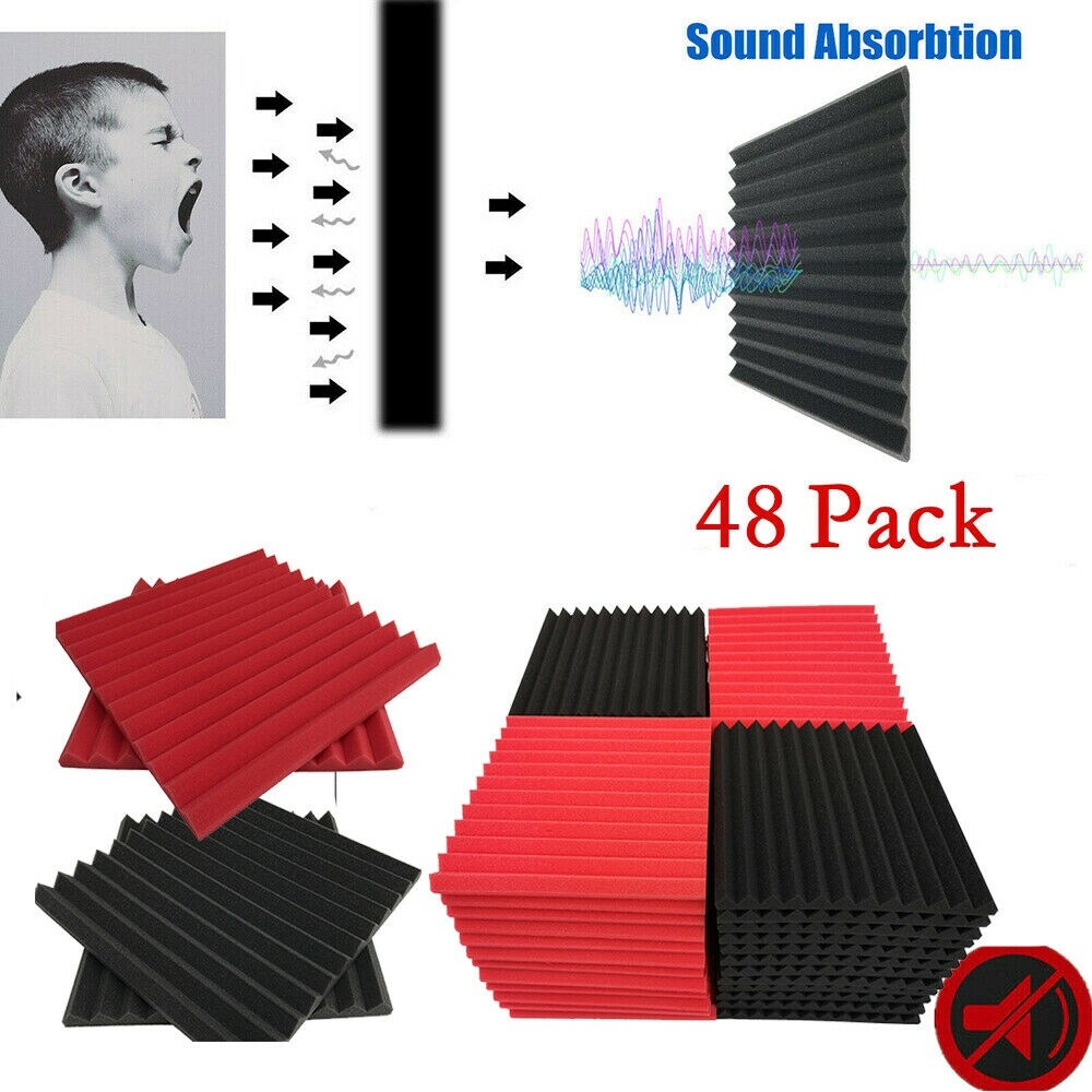48 Pack Black//red 12X 12X1 Acoustic Panels Studio Soundproofing Foam Wedge Tiles,