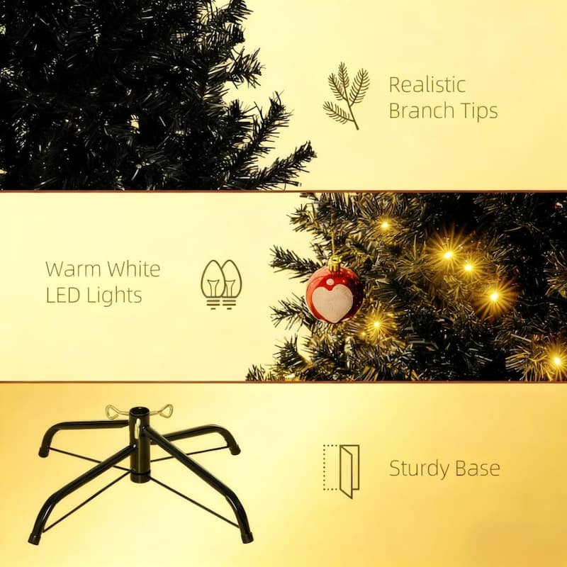 Pre-Lit Tall Artificial Christmas Tree - Realistic Branches, Warm White LED Lights - Black