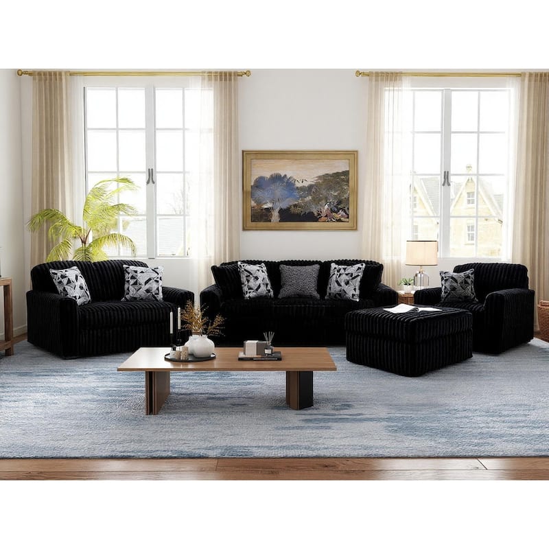 Roundhill Furniture Solenne 4-Piece Living Room Set, Oversized Sofa, Loveseat, Chair and a Half, and Ottoman