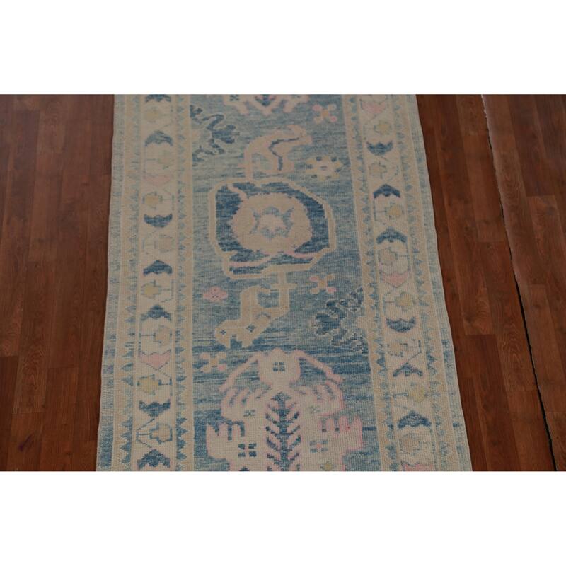 Hand Knotted Oriental 100% Wool Carpet Transitional Geometric Navy Blue & Blues Oushak Runner Rug - 12' 2'' X 3' 3''