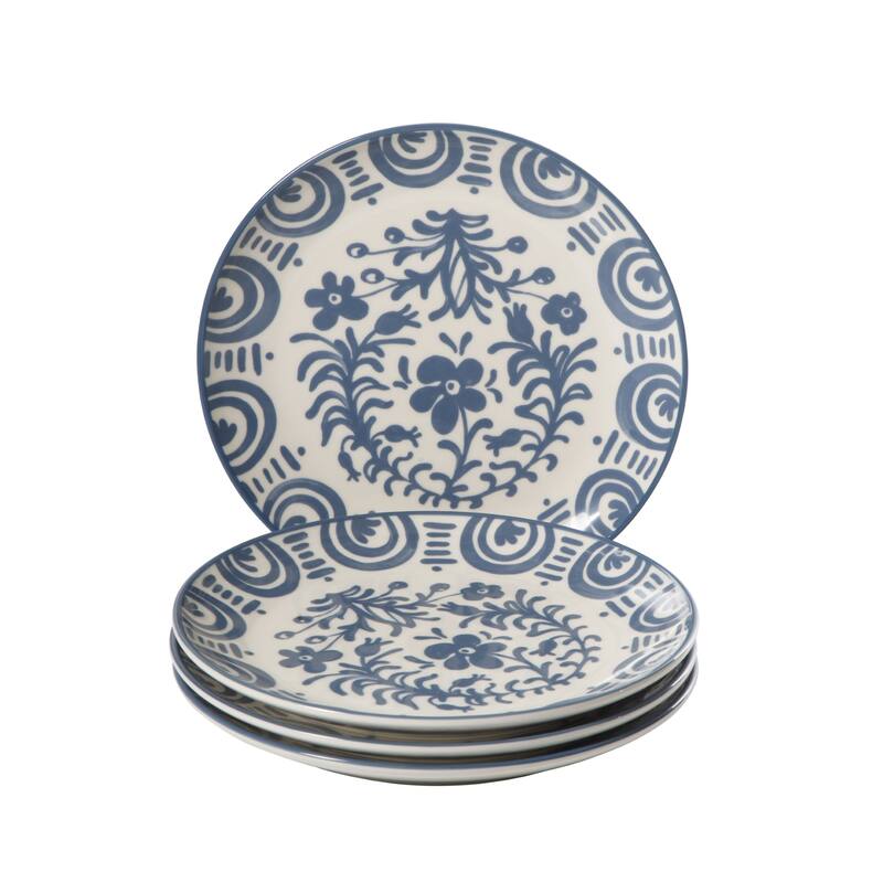 Bloomhouse - 2-Time Oprah's Favorite Things - Valencia Flor 4 Piece Salad Plate Set, 8.75" Stoneware Floral Decal Design - Blue iris