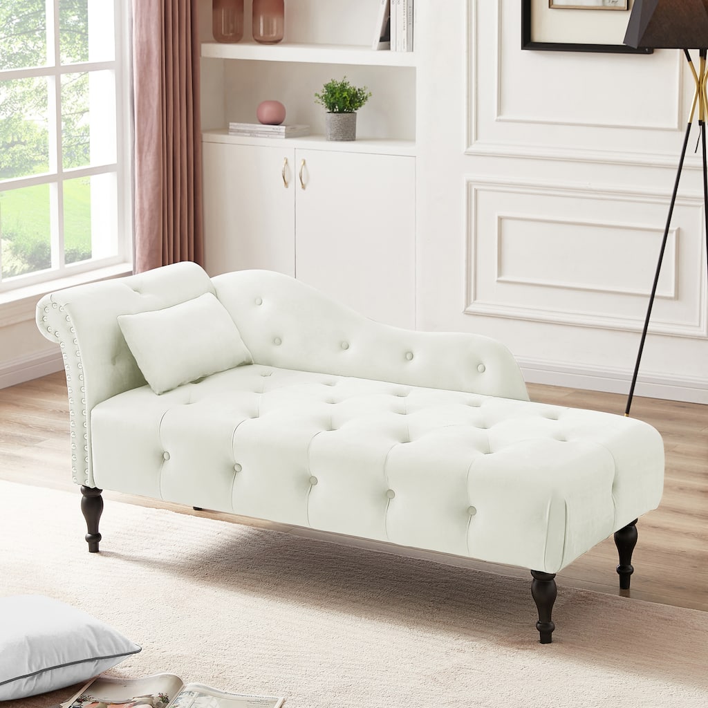 60.6" Velvet Chaise Lounge with Buttons Tufted, Nailhead Trimmed, Solid Wood Legs and 1 Pillow, White