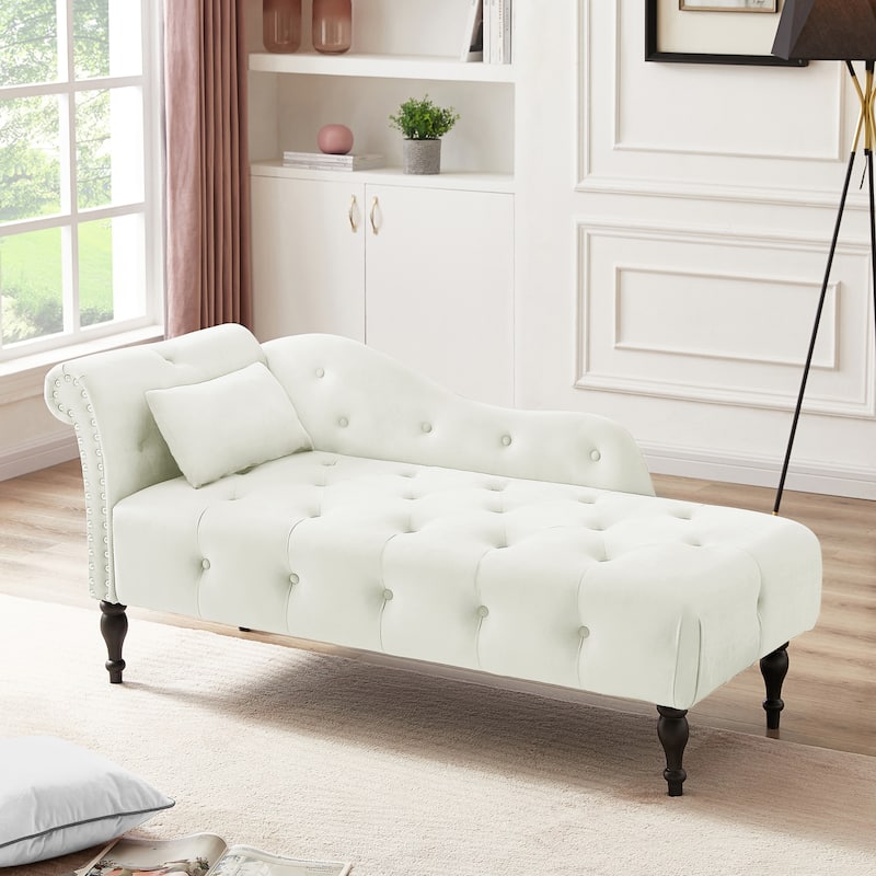 60.6"Velvet Chaise Lounge Buttons Tufted Nailhead Trimmed Solid Wood Legs with 1 Pillow(Left Arm Design as Shown in the Picture) - White