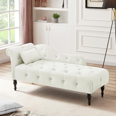 Modern 60.6" Velvet Upholstered Buttons Tufted Chaise Lounge Chair with Solid Wood Legs and Nailheads