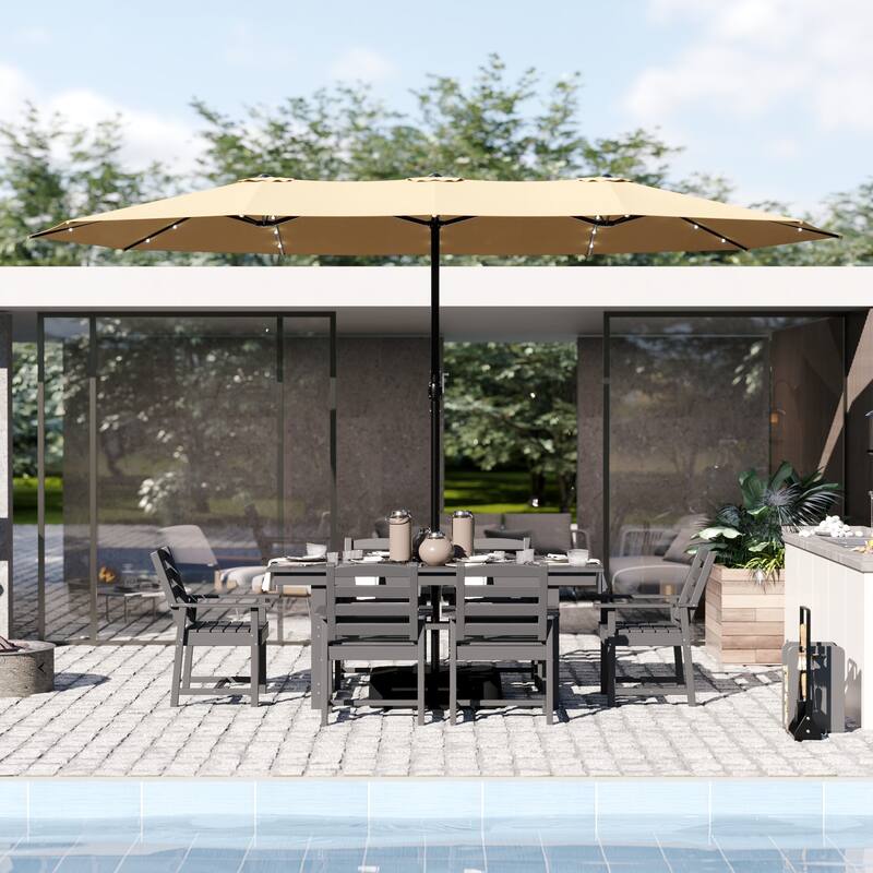 Outdoor Dining Table and Chair Set: HDPE Material, Wood - Grain Design