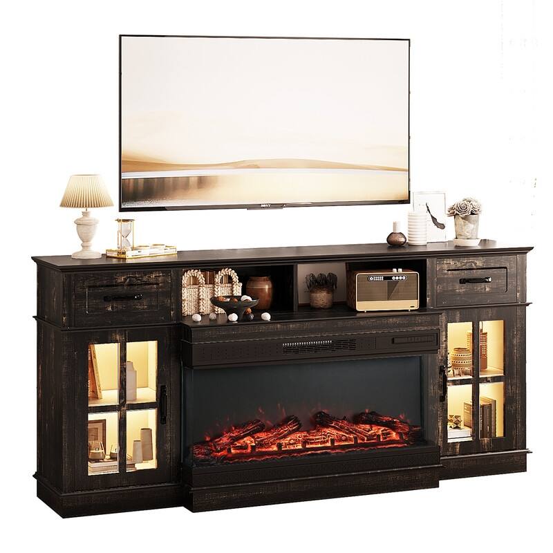 Farmhouse 70'' TV Stand For Tvs Up To 80'' With Electric Fireplace and Adjustable Shelves