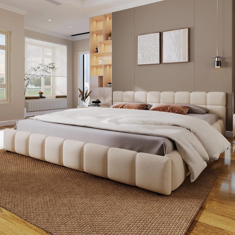 Elegant Beige Chenille Upholstered Bed with Checkerboard Pattern