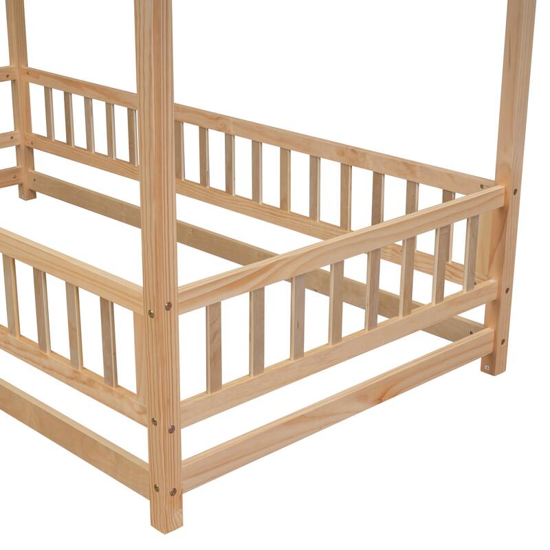 Floor Wooden Bed with House Roof Frame, Fence Guardrails