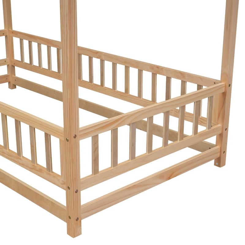 Floor Wooden Bed with House Roof Frame