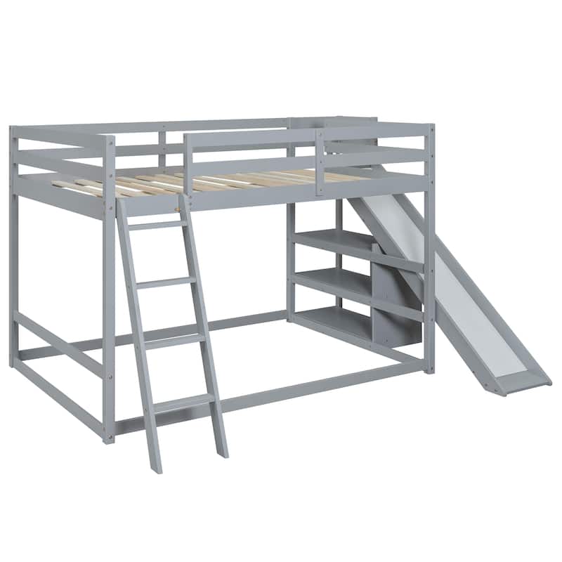 Full over Full Bunk Bed with Ladder, Slide and Shelves, White