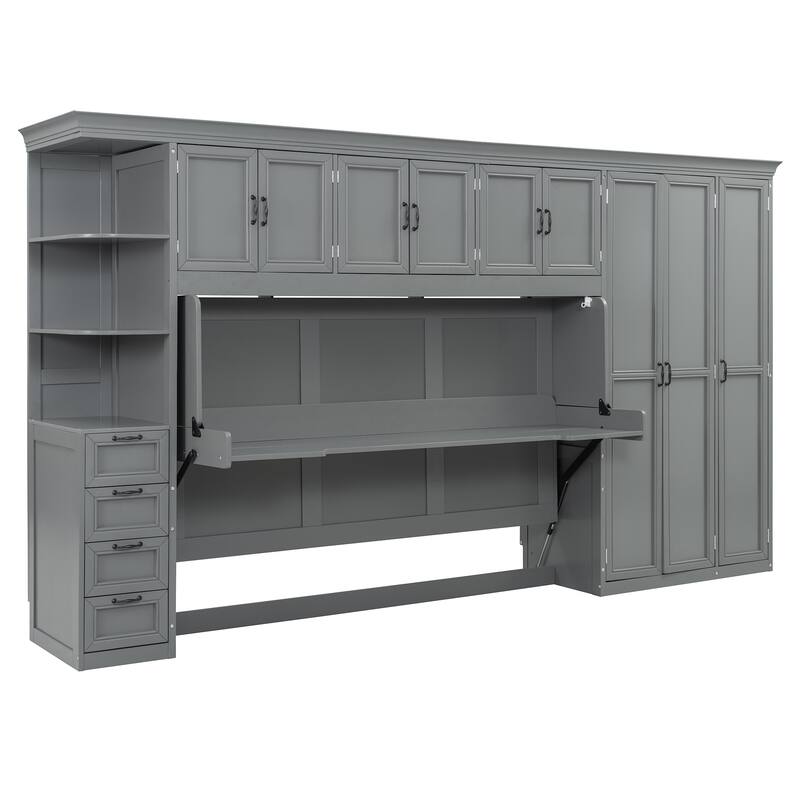 Twin Size Murphy Bed with Wardrobe, Cabinet, and Desk in Gray