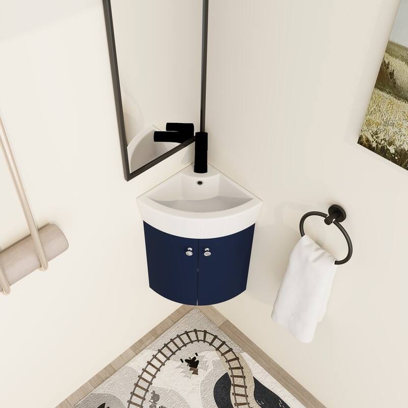 Malwee 13" Corner Floating Bathroom Vanity, Mini Wall Mounted Bathroom Vanity with Ceramic Sink,Soft Close Door and Shelf