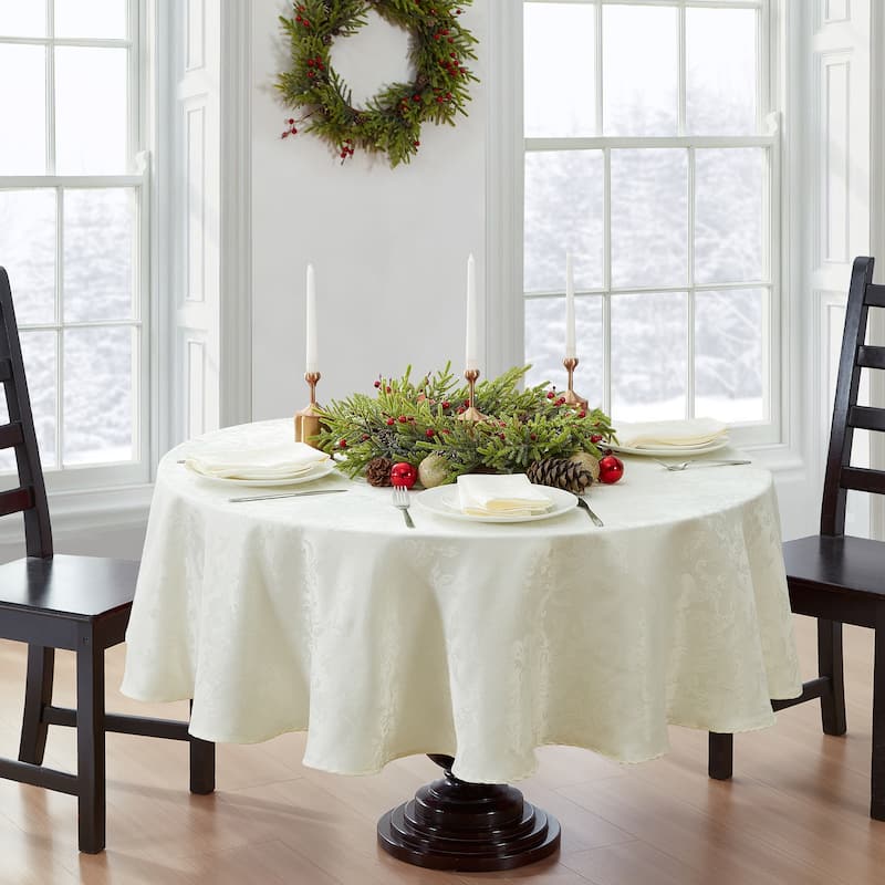 Porch & Den Prahl Jacquard Poinsettia Tablecloth - 90 Round - Ivory