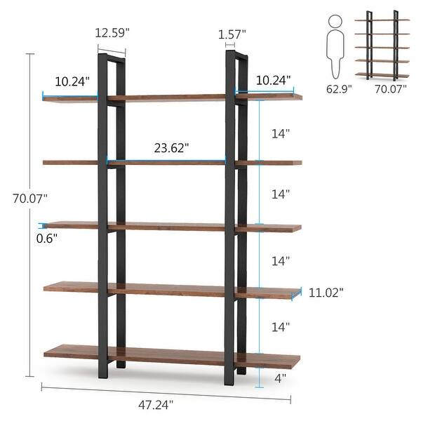 dimension image slide 3 of 7, 5-Tier Display Bookshelf, Vintage Industrial Bookcase
