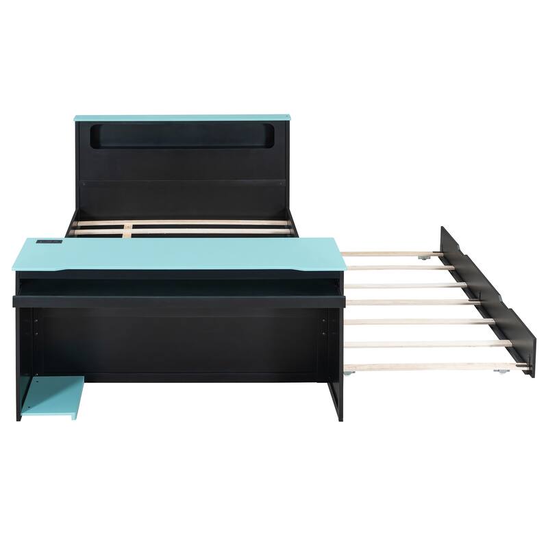 Wood Daybed with Trundle & Built-in Desk, LED Lights & USB Charging Port, Available in Full or Twin