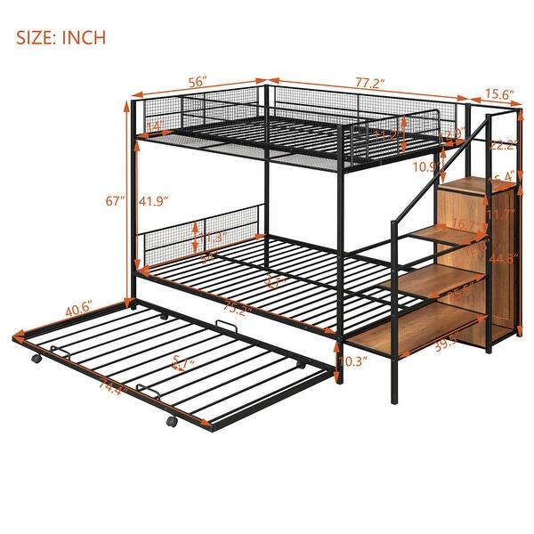 dimension image slide 1 of 2, Versatile Design Twin over Full Metal Bunk Bed with Trundle and Lateral Storage Practical Step Ladder and Built-in Wardrobe