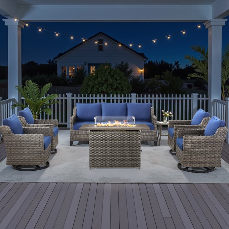 Pocassy Outdoor Swivel Chair with Sofa with Fire Pit Table - Blue Cushion Gray Wicker - 7-Piece Fire Pit Table w/ Sofa Swivel Chair