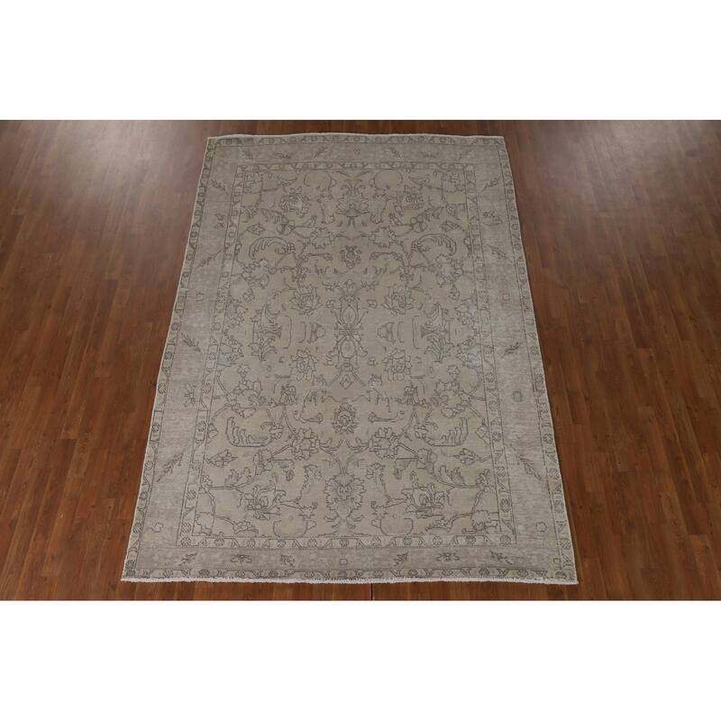 Distressed Beige Tabriz Persian Vintage Rug Handmade Wool Carpet - 6'6"x 9'7"