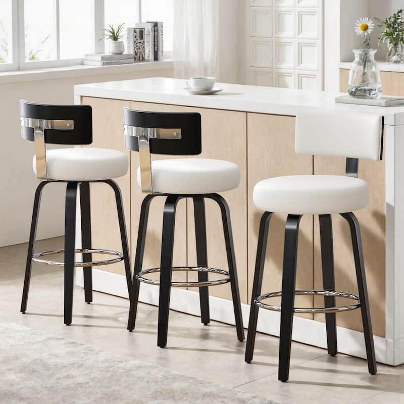 Upholstered Wood Swivel Bar/ Counter Stools, Set of 3 - White-black legs - Counter Height