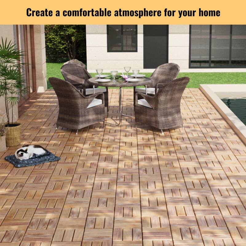 10 PCS Interlocking Deck Tiles Checker Pattern, 12" x 12" Square Acacia Hardwood Outdoor Flooring for Patio,Bancony,Pool Side