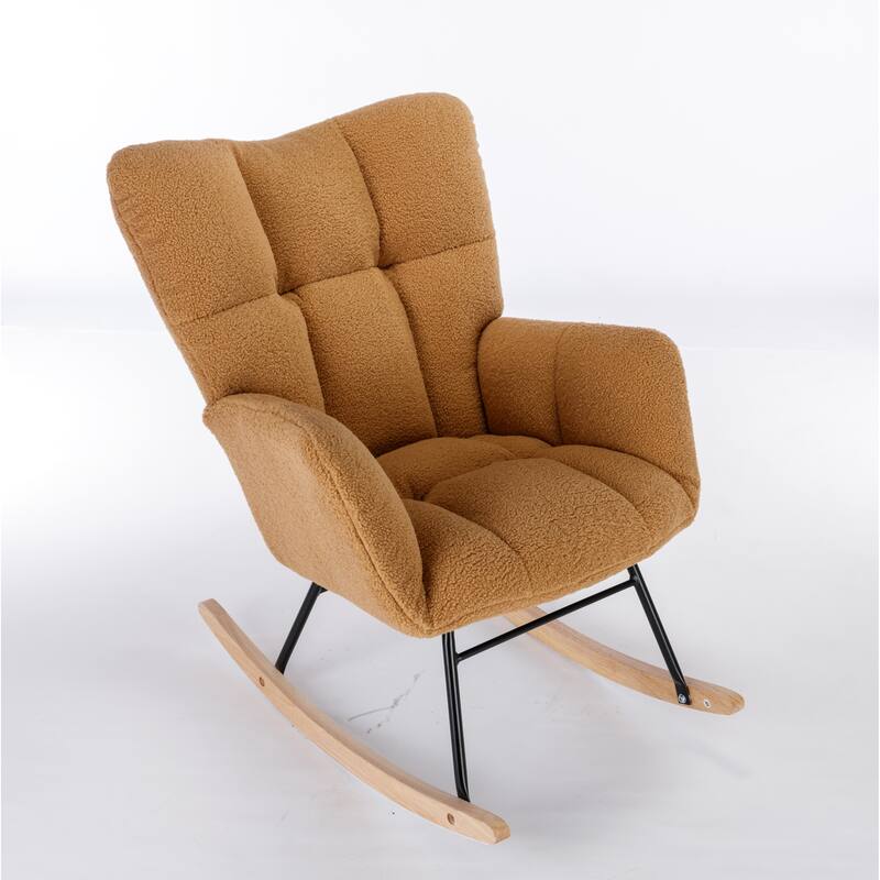 Khaki Teddy Modern 31.5" High Back Upholstered Buttons Tufted Rocking Chair with Solid Wood Legs and Black Paint Metal Base