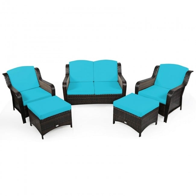 5 Pieces Patio Rattan Sofa Set with Cushion and Ottoman - 51" x 33.5" x 33" (L x W x H)