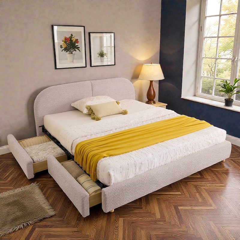 Upholstered Bed Frame with Tall Curved Headboard and Storage Drawers, Modern Minimalist Platform Bed No Box Spring