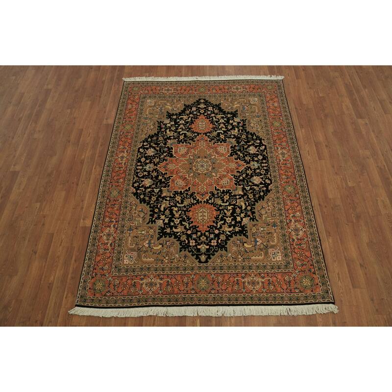 Hand Knotted Oriental Wool & Silk Carpet Traditional Geometric Navy Blue & Blues Tabriz Area Rug - 7' 0'' X 5' 1''